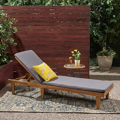 Great Deal Furniture Yvette Outdoor Acacia Wood Chaise Lounge and Cushion Set, Teak and Dark Gray, (309789)