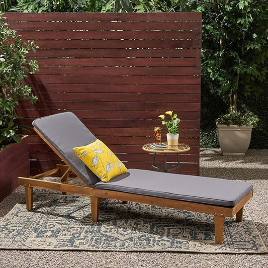 Great Deal Furniture Yvette Outdoor Acacia Wood Chaise Lounge and Cushion Set, Teak and Dark Gray, (309789)