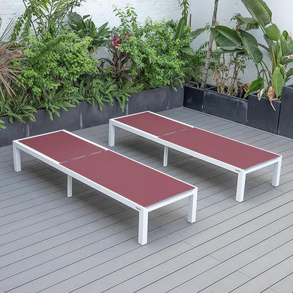 LeisureMod Marlin Aluminum Outdoor Chaise Lounge Chair (Set of 2) - Mesh Sling Fabric Seat White Aluminum Frame Beach, Pool Lounge Chair for Modern Patio Lawn, Garden and Backyard (Burgundy)