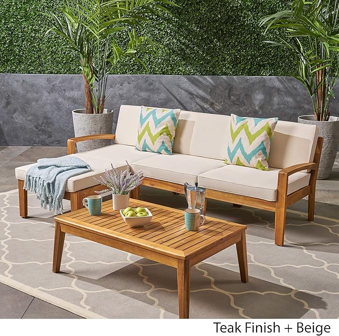 Christopher Knight Home Grenada Sectional Sofa Set | 5-Piece 3-Seater | Includes Coffee Table and Ottoman | Acacia Wood Frame | Water-Resistant Cushions | Teak and Beige, Finish