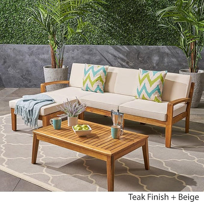 Christopher Knight Home Grenada Sectional Sofa Set | 5-Piece 3-Seater | Includes Coffee Table and Ottoman | Acacia Wood Frame | Water-Resistant Cushions | Teak and Beige, Finish
