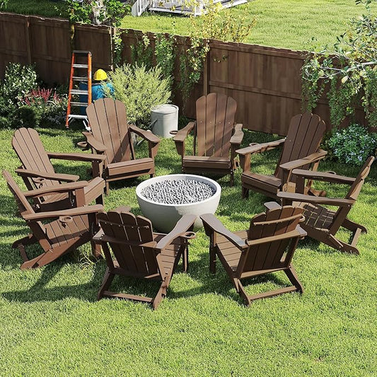 Domi Folding Adirondack Chairs Set of 8, HDPE All-Weather Outdoor Chairs with Cup Holder, Wooden Textured Fire Pit Chairs for Backyard, Patio, Poolside & Deck,Khaki