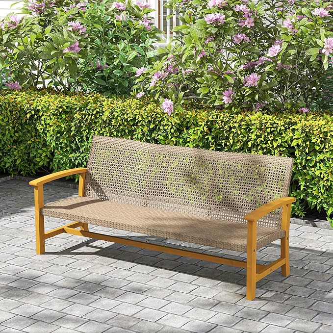 Outsunny Wicker Outdoor Couch, 3-Seat Rattan Outdoor Patio Sofa, 1000 lbs. Capacity, Acacia Wood Patio Furniture Couch with Steel Seat and Armrests for Backyard, Porch, Teak