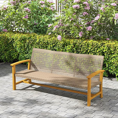 Outsunny Wicker Outdoor Couch, 3-Seat Rattan Outdoor Patio Sofa, 1000 lbs. Capacity, Acacia Wood Patio Furniture Couch with Steel Seat and Armrests for Backyard, Porch, Teak