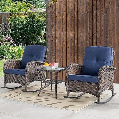 Belord 7 Piece Outdoor Patio Furniture Sets with Rocking Chairs, Wicker Loveseat Conversation Sets for Patio Deck Backyard Poolside, Blue Cushion