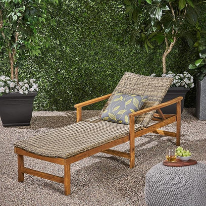 Great Deal Furniture Kyle Outdoor Rustic Acacia Wood Chaise Lounge with Wicker Seating, Natural and Mixed Mocha