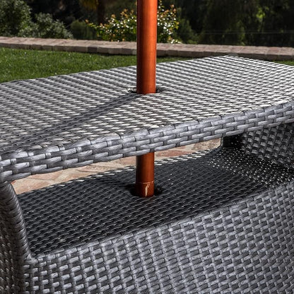 Outdoor Rattan Side Table with Umbrella Hole, All Weather 2 Tier Rattan Wicker Coffee End Table with Storage Shelf for Garden Porch Deck Backyard, No Assembly Required (Grey)