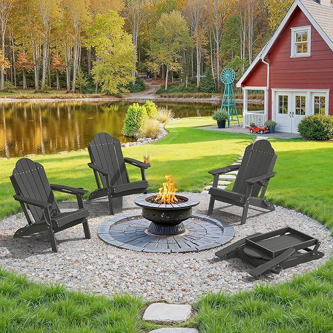 LUE BONA Folding Adirondack Chair, Adirondack Chairs Set of 2, Cup Holder, Woodgrain, Fire Pit, Patio, Pool, Black