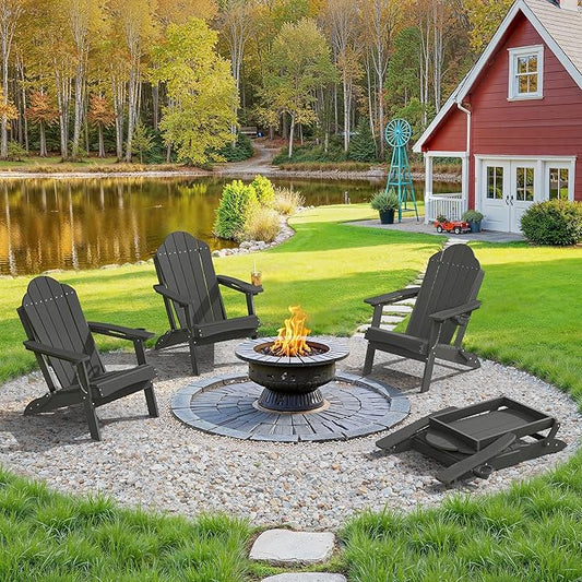 LUE BONA Folding Adirondack Chair, Chairs Set of 6, Cup Holder, Woodgrain, Fire Pit, Patio, Pool, Black