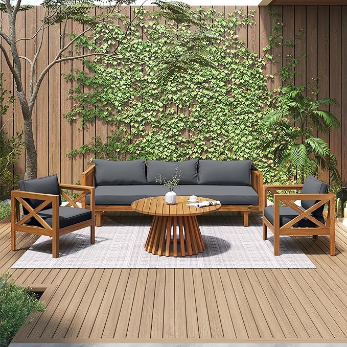 Merax Outdoor 4-Piece Acacia Wood Conversation Set - Patio 3-Seat Loveseat Sofa w/Coushion - Photo 2