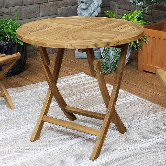 Sunnydaze Round Folding Solid Teak Outdoor Dining Table - Light Wood Stain Finish - 31 Inches