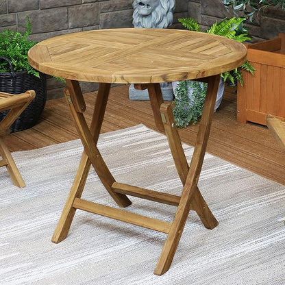 Sunnydaze Round Folding Solid Teak Outdoor Dining Table - Light Wood Stain Finish - 31 Inches