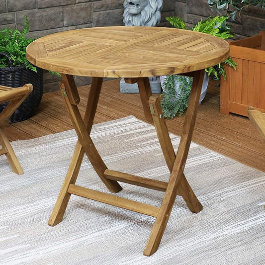 Sunnydaze Round Folding Solid Teak Outdoor Dining Table - Light Wood Stain Finish - 31 Inches