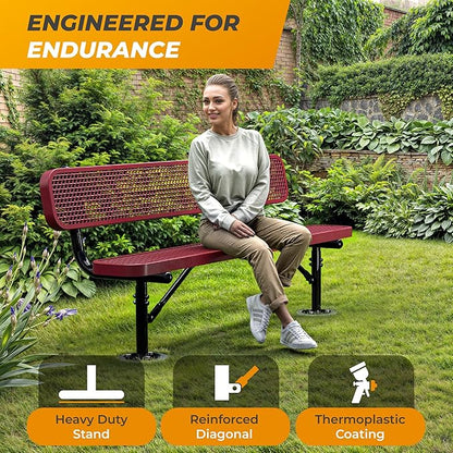 Heavy-Duty Outdoor Metal Bench, Thermoplastic-Coated, Surface, Weatherproof, Commercial-Grade for Parks, Gardens, Patios, Stores & More (6 Ft - Surface with Back, Red)