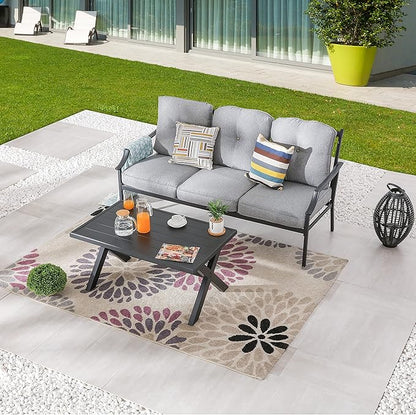 LOKATSE HOME Outdoor Patio Cushioned Loveseat 3 Seats Sofa Bench with Metal Coffee Table, Grey