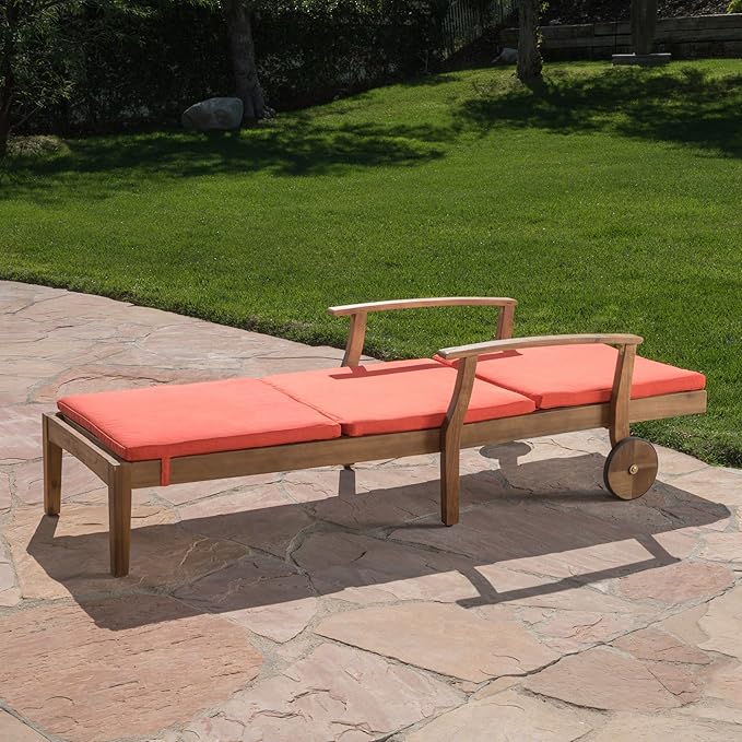 Christopher Knight Home Perla Outdoor Chaise Lounge with Water Resistant Cushion, Teak Finish / Orange
