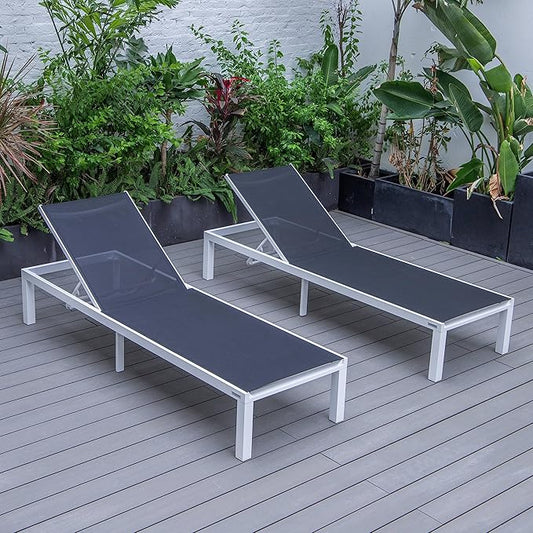 LeisureMod Marlin Aluminum Outdoor Chaise Lounge Chair (Set of 2) - Mesh Sling Fabric Seat White Aluminum Frame Beach, Pool Lounge Chair for Modern Patio Lawn, Garden and Backyard (Black)
