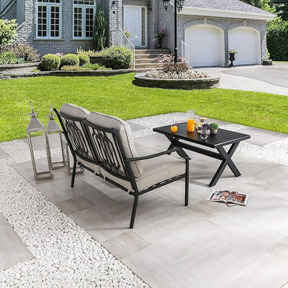 LOKATSE HOME Outdoor Loveseat and Coffee Table Metal Conversation Set Patio Furniture with Cushions for Poolside Backyard Lawn, Beige