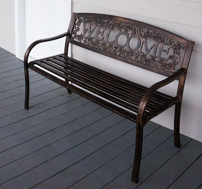 Leigh Country Metal Outdoor Bench, Welcome Design, Decorative Patio Seating for Porch/Deck - Photo 5