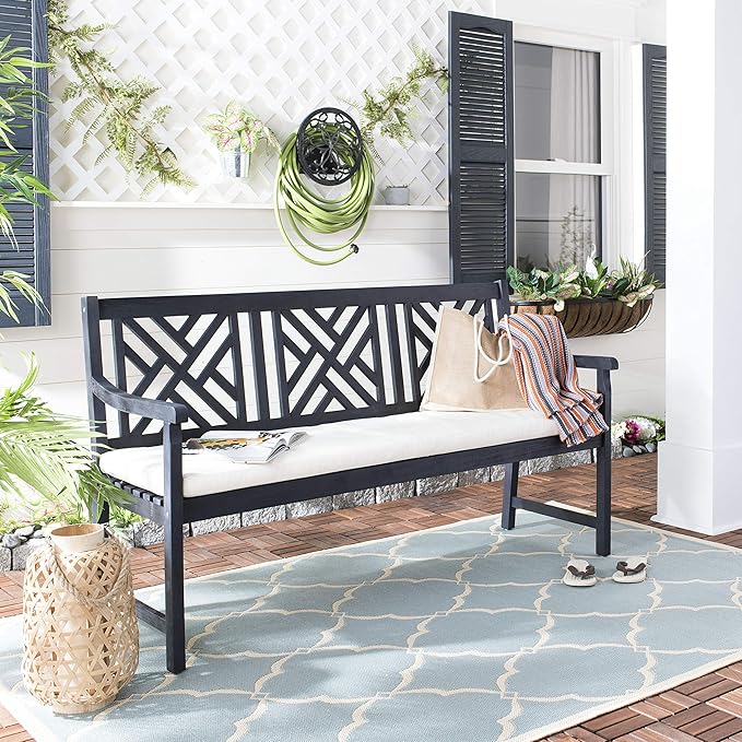 Safavieh PAT6738K Outdoor Collection Bradbury Grey 3 Seat Bench, Dark Slate Gray/Beige