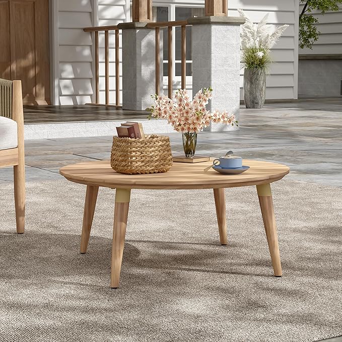 GDFStudio Verona Outdoor Round Coffee Table, Solid Acacia Wood Patio Furniture, Natural Weather-Resistant Finish, 31.5" Diameter Outdoor Center Table for Garden, Deck, Balcony, or Porch Use