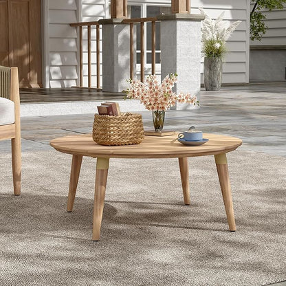 GDFStudio Verona Outdoor Round Coffee Table, Solid Acacia Wood Patio Furniture, Natural Weather-Resistant Finish, 31.5" Diameter Outdoor Center Table for Garden, Deck, Balcony, or Porch Use