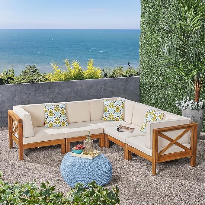Christopher Knight Home Outdoor Acacia Wood 5 Seater Sectional Sofa Set with Water-Resistant Cushions, Teak and Beige