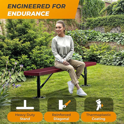 Heavy-Duty Outdoor Metal Bench, Thermoplastic-Coated, Surface, Weatherproof, Commercial-Grade for Parks, Gardens, Patios, Stores & More (6 Ft - Surface, Red)