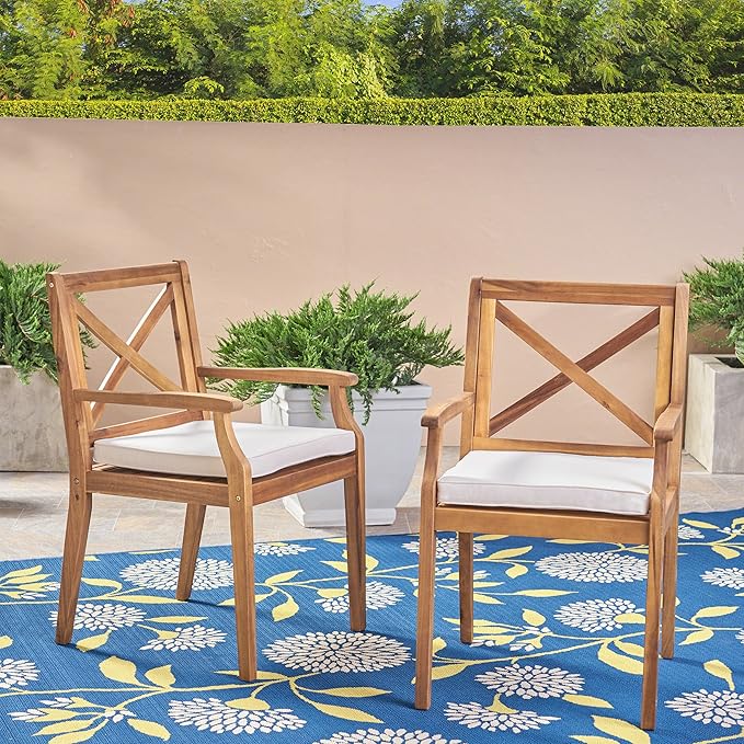 Christopher Knight Home Peter | Outdoor Acacia Wood Dining Chair Set of 2, Teak/Cream Cushion - Photo 5