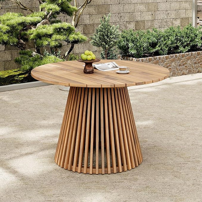 GDFStudio 47.25" Outdoor Round Dining Table,Weather-Resistant Acacia Wood Patio Center Table for Backyard, Lawn, Garden, Balcony, Courtyard, Easy Assembly Rustic Slatted Base Tables, 29.75 Light Teak