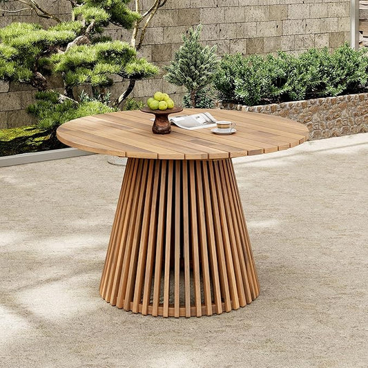 GDFStudio 47.25" Outdoor Round Dining Table,Weather-Resistant Acacia Wood Patio Center Table for Backyard, Lawn, Garden, Balcony, Courtyard, Easy Assembly Rustic Slatted Base Tables, 29.75 Light Teak