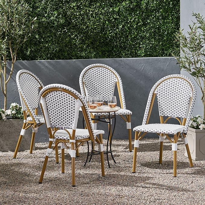 Christopher Knight Home Philomena Outdoor French Bistro Chair (Set of 4), Gray + White + Bamboo Print Finish - Photo 2