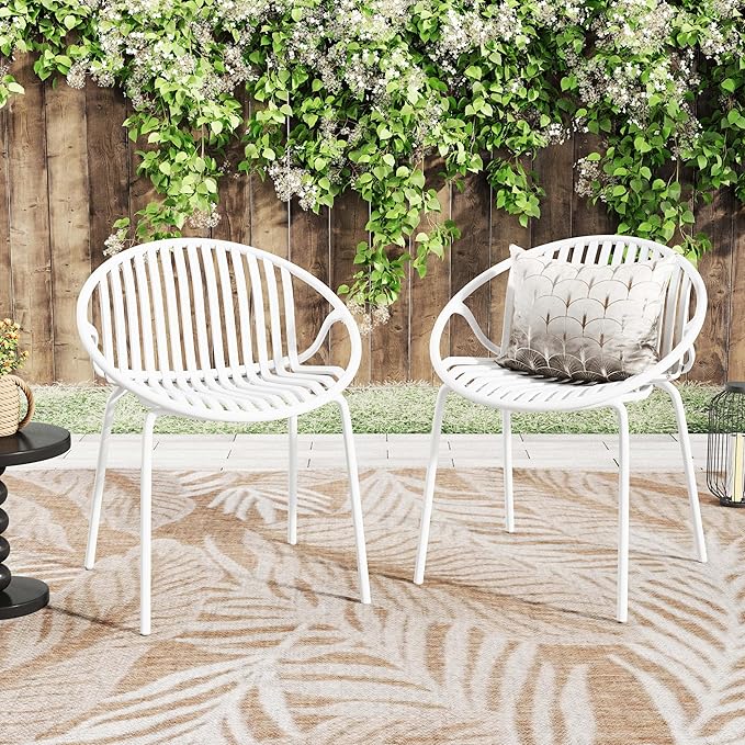 2 Pieces Outdoor Dining Chair,Modern Style Patio Dining Chairs,Breathable Design Stackable Lawn Chairs,Metal Legs+Plastic Backrest,for Patio Or Restaurant Garden (White)