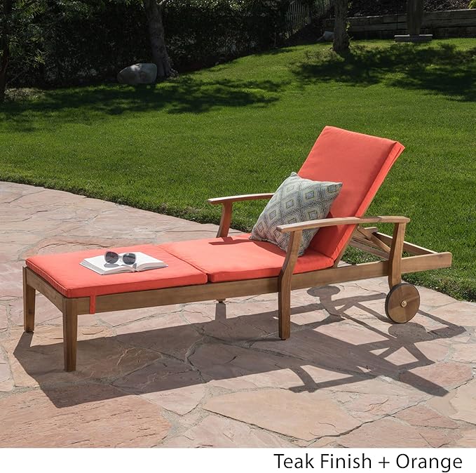 Christopher Knight Home Perla Outdoor Chaise Lounge with Water Resistant Cushion, Teak Finish / Orange - Photo 2