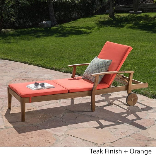 Christopher Knight Home Perla Outdoor Chaise Lounge with Water Resistant Cushion, Teak Finish / Orange