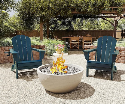 Domi Folding Adirondack Chairs Set of 2, HDPE Adirondack Chair with Cup Holder, Wooden Textured Fire Pit Chairs for Patio Backyard Lawn, Dark Blue