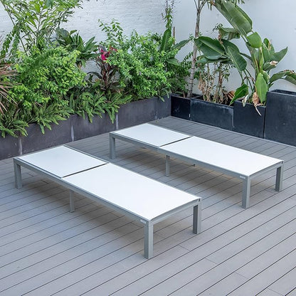 LeisureMod Marlin Aluminum Outdoor Chaise Lounge Chair (Set of 2) - Mesh Sling Fabric Seat Grey Aluminum Frame Beach, Pool Lounge Chair for Modern Patio Lawn, Garden and Backyard (White)