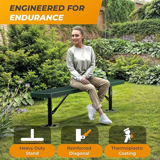 Heavy-Duty Outdoor Metal Bench, Thermoplastic-Coated, Surface, Weatherproof, Commercial-Grade for Parks, Gardens, Patios, Stores & More (6 Ft - Surface, Green)