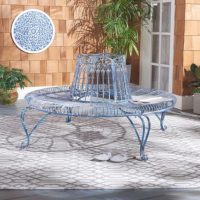 Safavieh PAT5019C Outdoor Collection Ally Darling Antique Wrought Iron 60-inch Round Tree Bench, Mossy Blue - Photo 2
