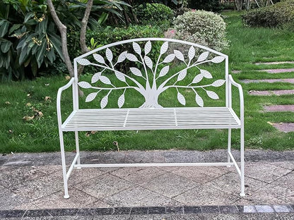 Hi-Line Gift Ltd. 42in Metal Garden Bench Tree Pattern-White Patio Yard Seat