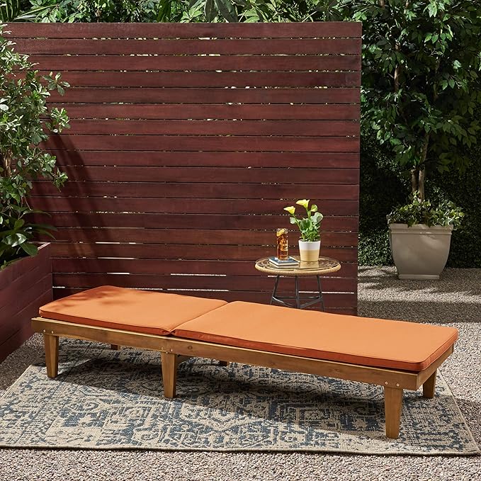 GDFStudio Noble House Nadine Outdoor Acacia Wood Chaise Lounge in Teak and Orange