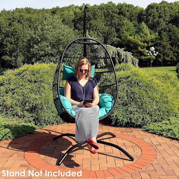 Sunnydaze Dalia Black Steel and Polyethylene Wicker Hanging Egg Chair with Teal Polyester Seat Cushions - 45-Inch Tall