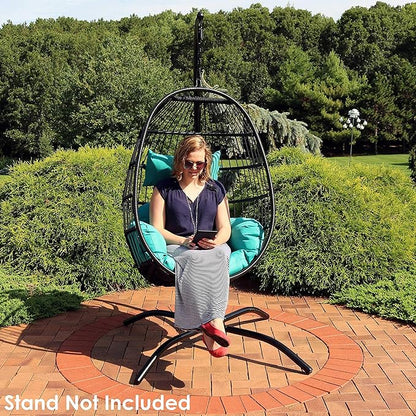 Sunnydaze Dalia Black Steel and Polyethylene Wicker Hanging Egg Chair with Teal Polyester Seat Cushions - 45-Inch Tall