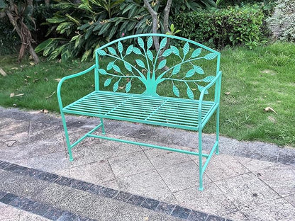 Hi-Line Gift Ltd. 42in Blue Metal Garden Bench Tree Pattern Patio Yard Seat