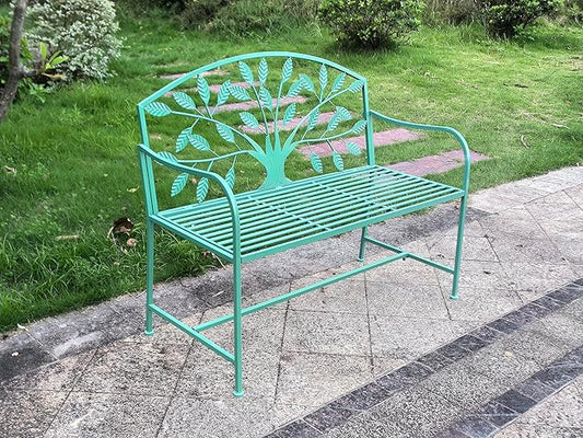 Hi-Line Gift Ltd. 42in Blue Metal Garden Bench Tree Pattern Patio Yard Seat