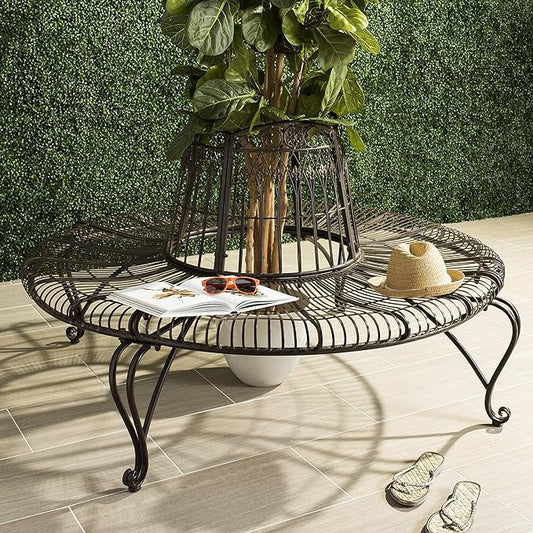 Safavieh PAT5019A Collection Abia Antique White Wrought Iron 50" Outdoor Tree Bench