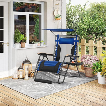 Yaheetech 29in Zero Gravity Chair, Adjustable Patio Padded Anti Gravity Recliner Foldable Outdoor Lounger with Cup Holder Tray, Canopy Shade and Headrest for Beach Camping Navy Blue/Black/1