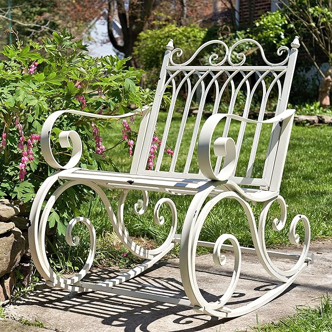 Zaer Ltd. Outdoor Metal Rocking Arm Chair/Bench (Arm Chair, Antique White)