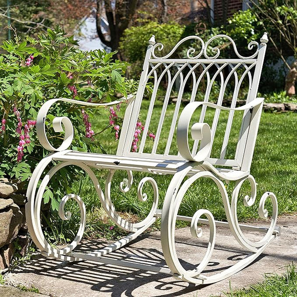 Zaer Ltd. Outdoor Metal Rocking Arm Chair/Bench (Arm Chair, Antique White) - Photo 1
