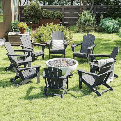 Domi Folding Adirondack Chairs Set of 8, HDPE All-Weather Outdoor Chairs with Cup Holder, Wooden Textured Fire Pit Chairs for Backyard, Patio, Poolside & Deck,Grey